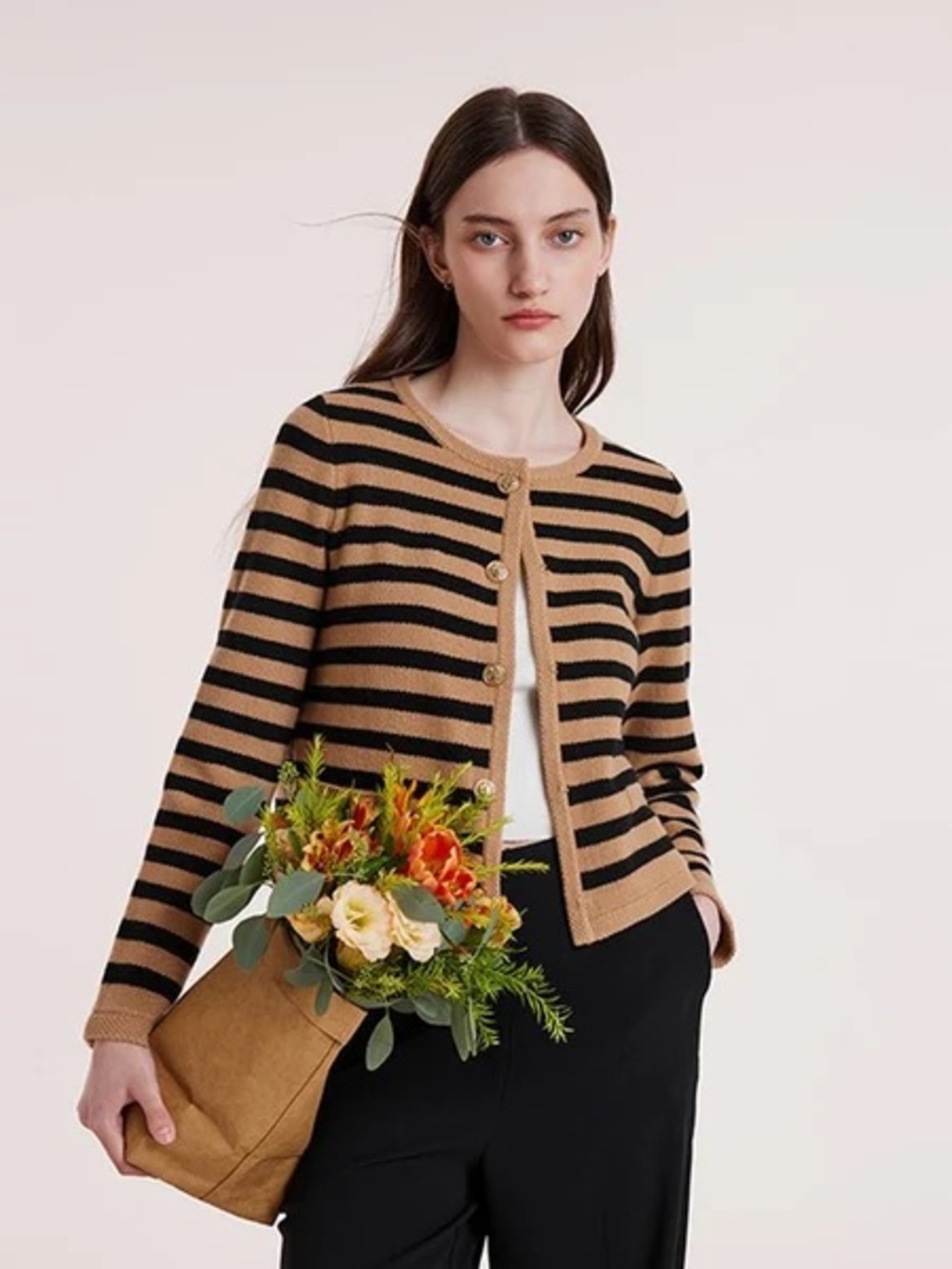 Goelia Striped Crewneck Cardigan Sweater in Camel and Black